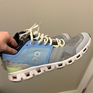 On Running Athletic Shoes in Blue, Gray, and Green